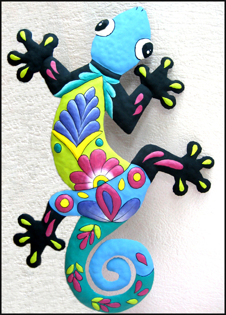 Hand painted metal gecko wall hanging - Tropical Decor - Garden and patio wall art - Handcrafted in Haiti from recycled steel drums